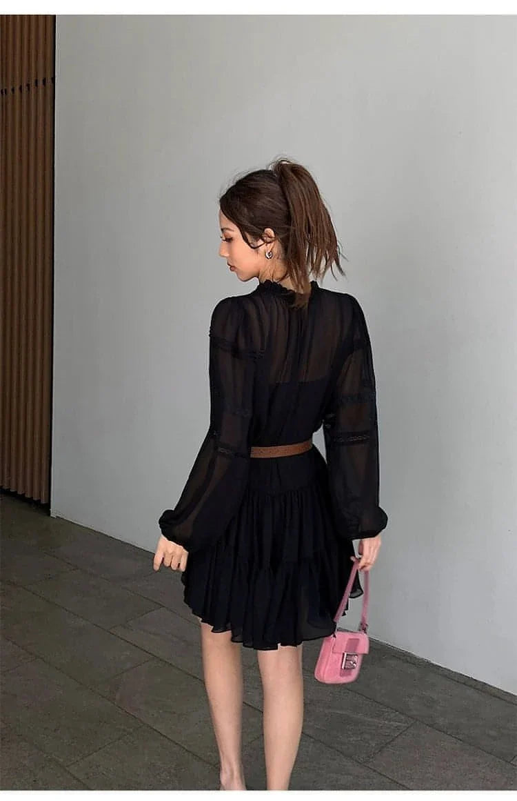 French-Style Ruffle Mini Shirt Dress