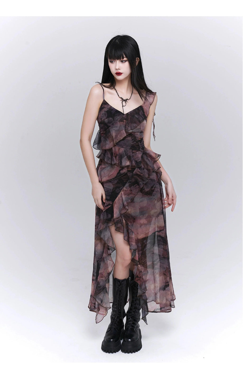 Dark Glamour Asymmetrical Maxi Dress - Women'S Sheer Floral Print Ruffle Dress With High Slit