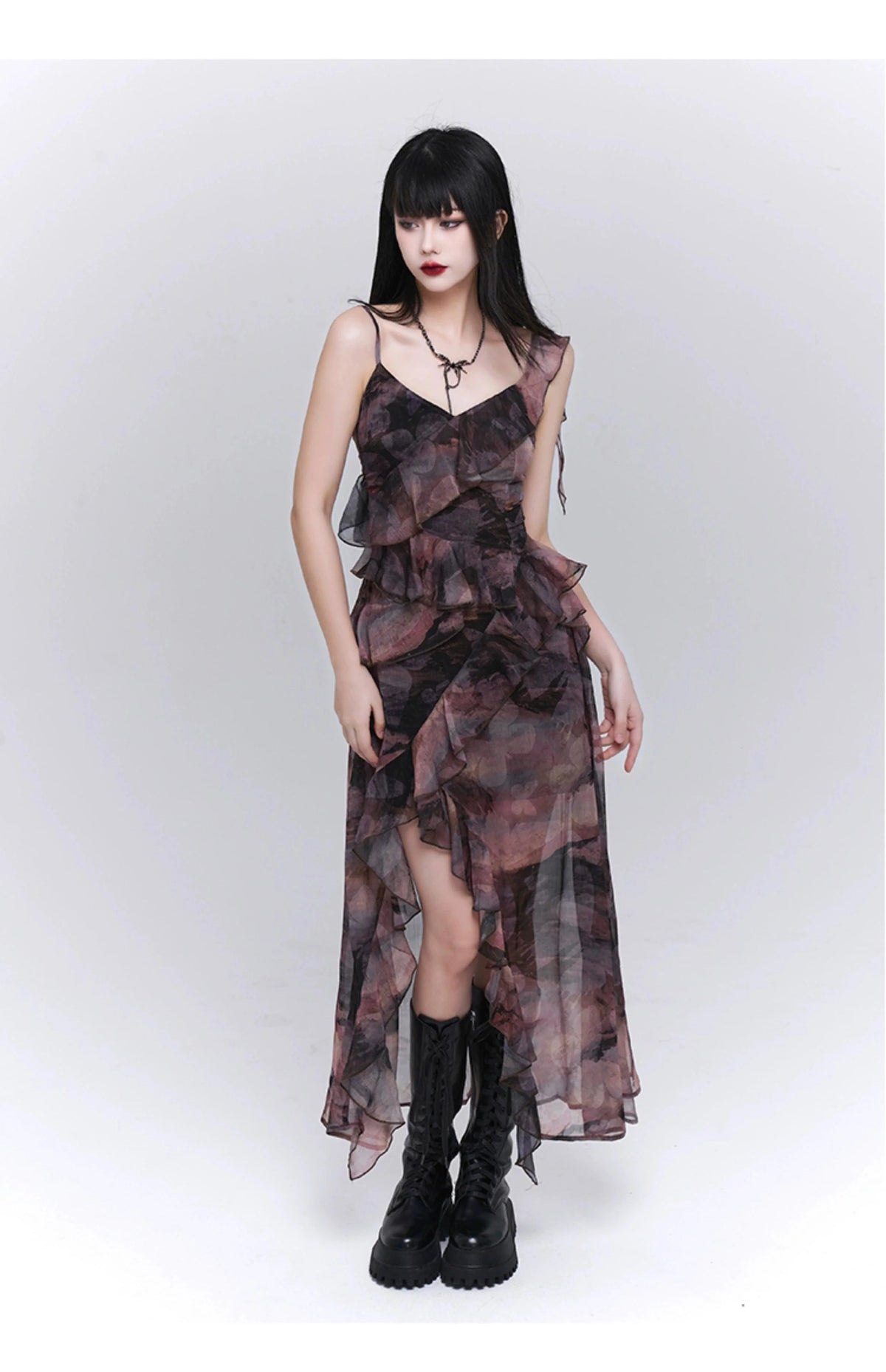 Dark Glamour Asymmetrical Maxi Dress - Women'S Sheer Floral Print Ruffle Dress With High Slit