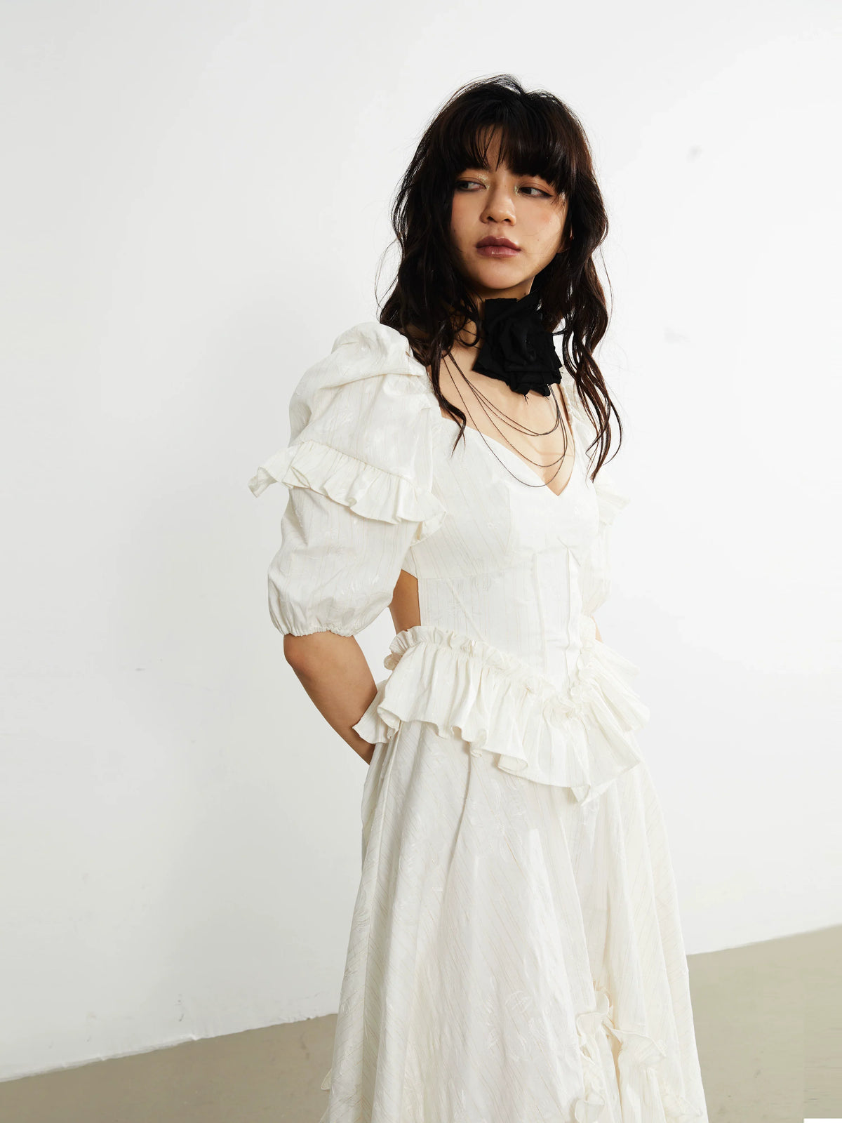 Ivory Ruffle Asymmetry Midi Dress