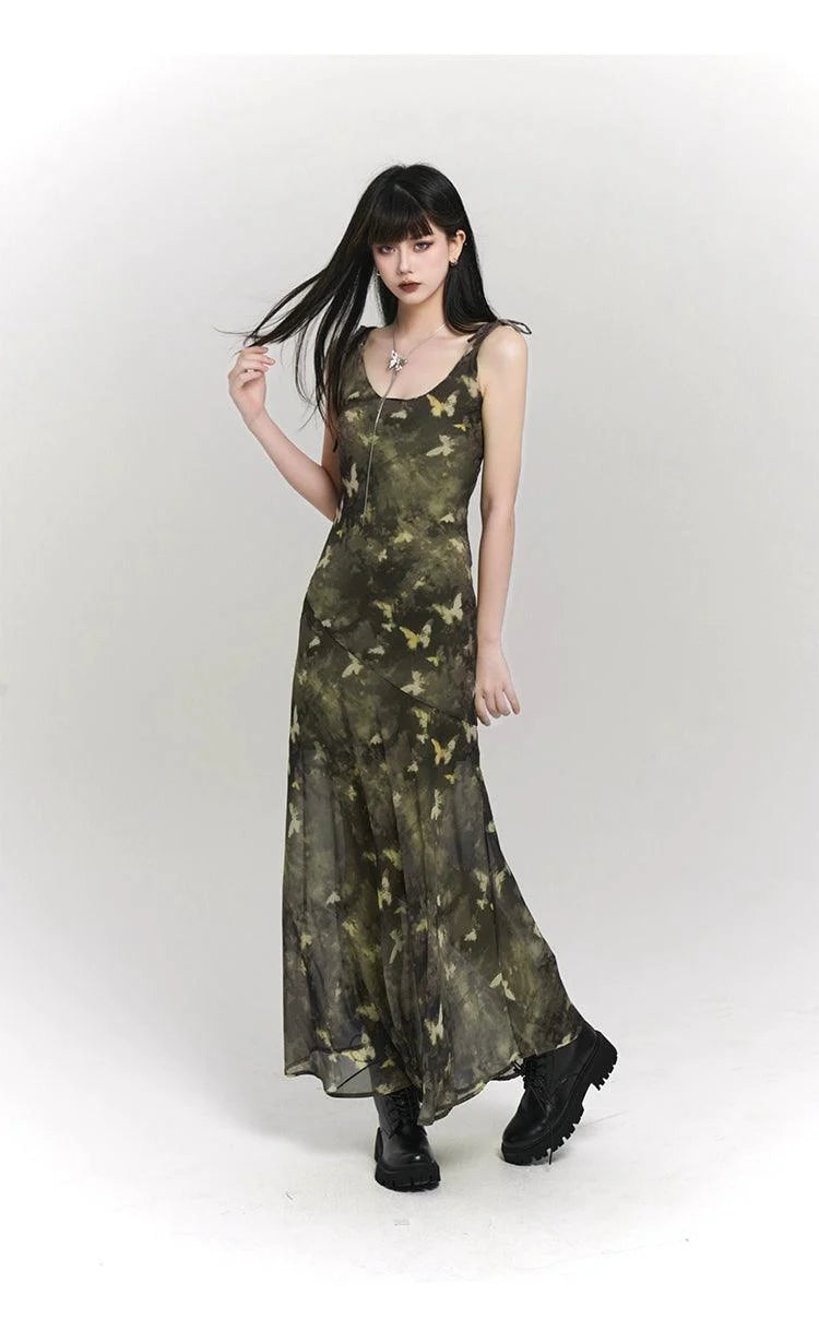 Woodland Whisper Maxi Dress - Women'S Camo-Inspired Butterfly Print Slip Dress