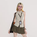 Plaid Sleeveless Button-Up Shirt with Brown Pleated Skirt