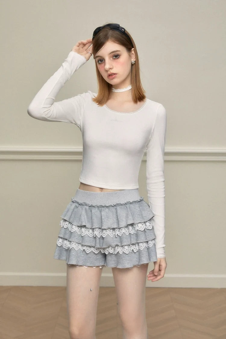 Lace Trim Tiered Ruffle Skort