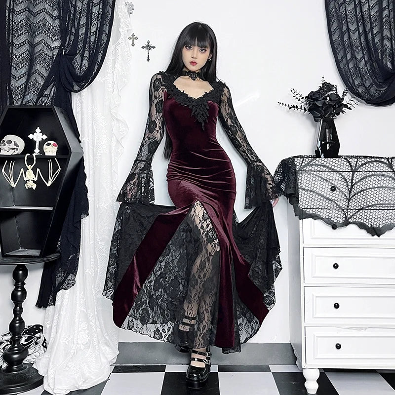 Gothic Velvet Mermaid Gown-Long Sleeve Lace Floor-Length Dress With High Collar