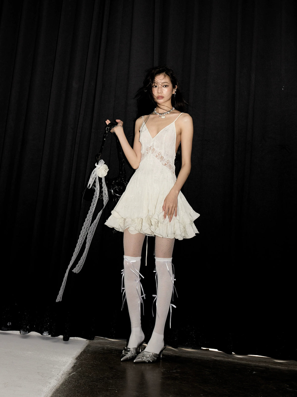 White Lace Slip Dress with Ruffle Hem