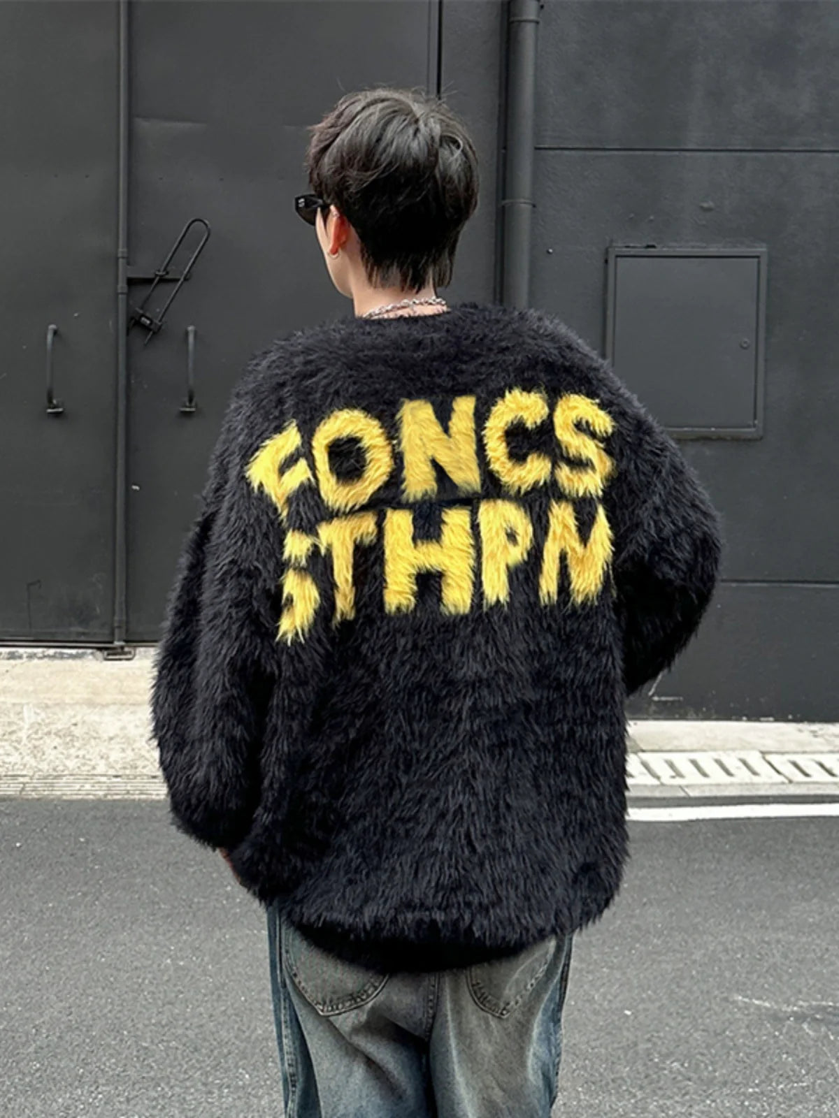 Fuzzy Sweater with Bold Lettering