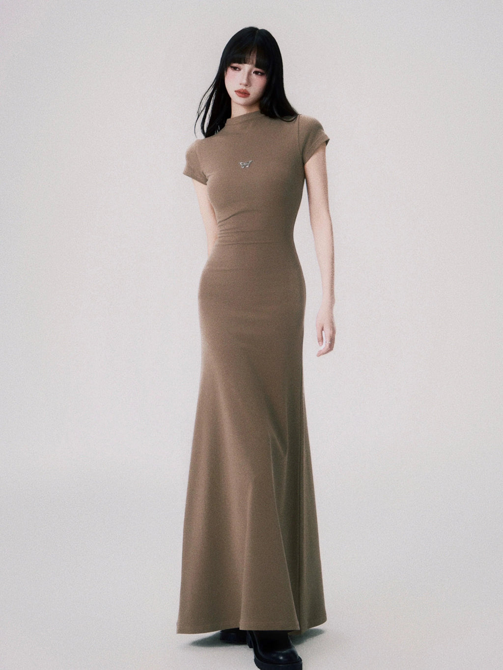 Butterfly Emblem Fitted Maxi Dress - Women'S Elegant Evening Gown