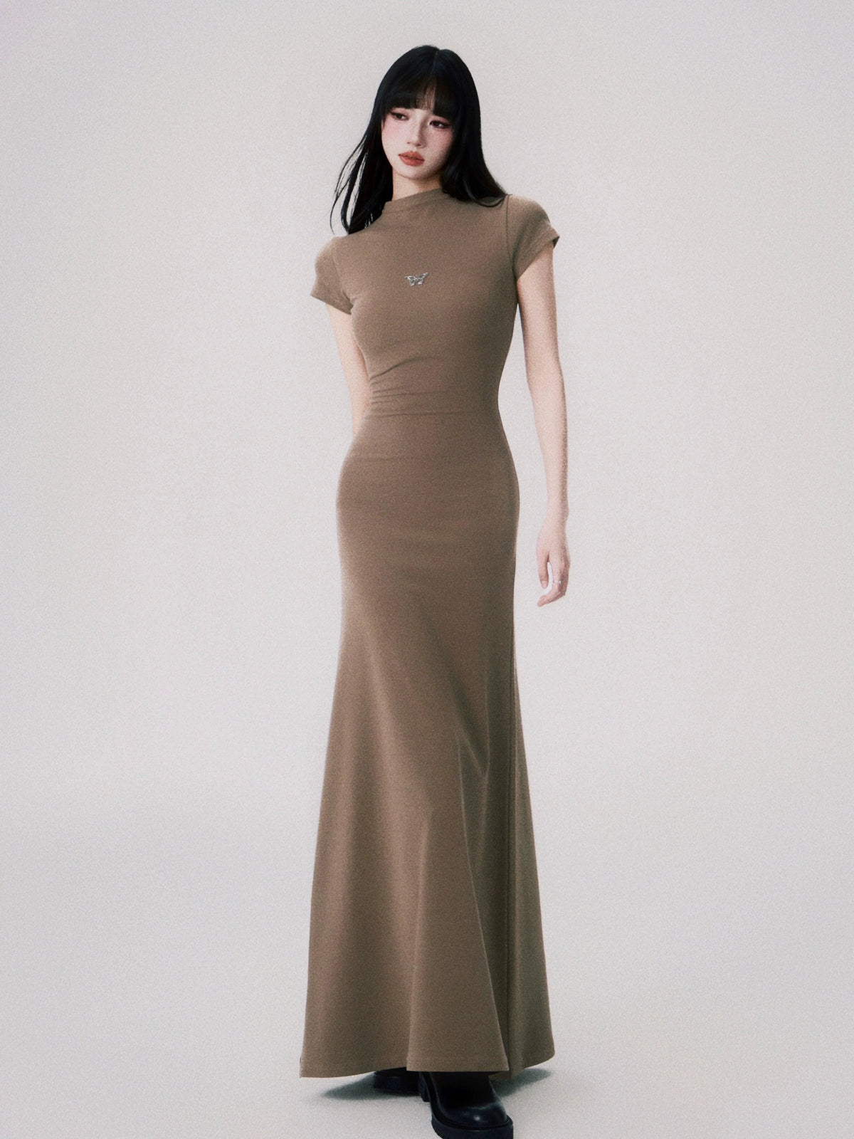 Butterfly Emblem Fitted Maxi Dress - Women'S Elegant Evening Gown