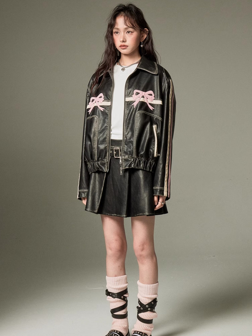 DIDDI MODA Bow-Detail Colorblock Faux-Leather Jacket