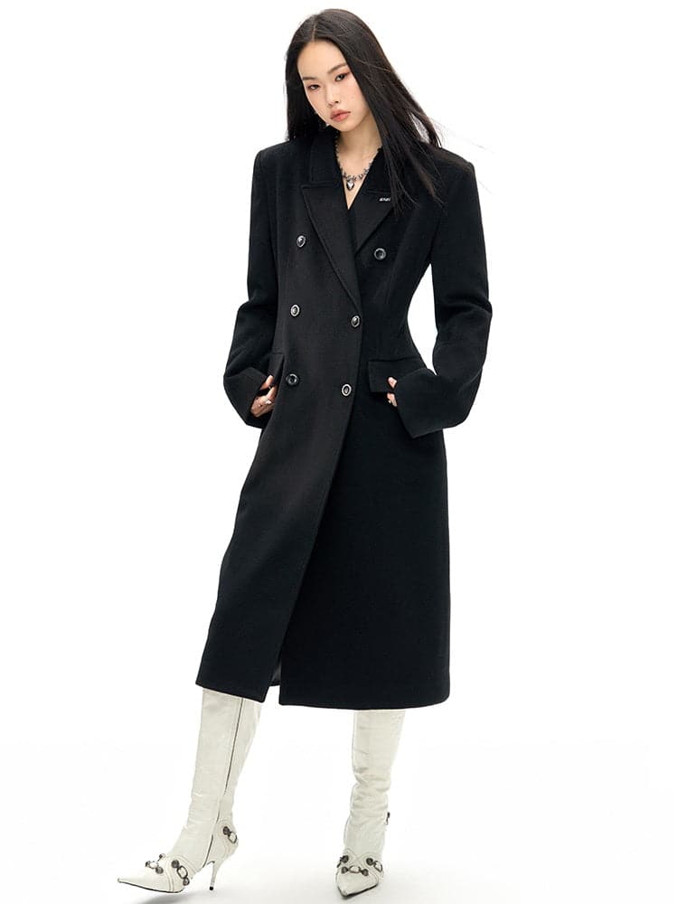 Double-Breasted Wool Long Coat - Slim Waist Tailored Winter Outerwear