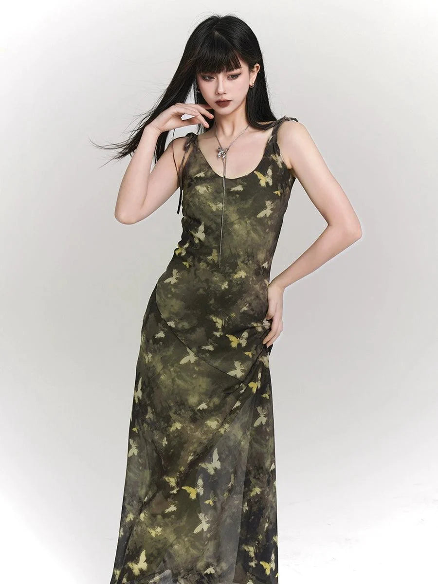 Woodland Whisper Maxi Dress - Women'S Camo-Inspired Butterfly Print Slip Dress