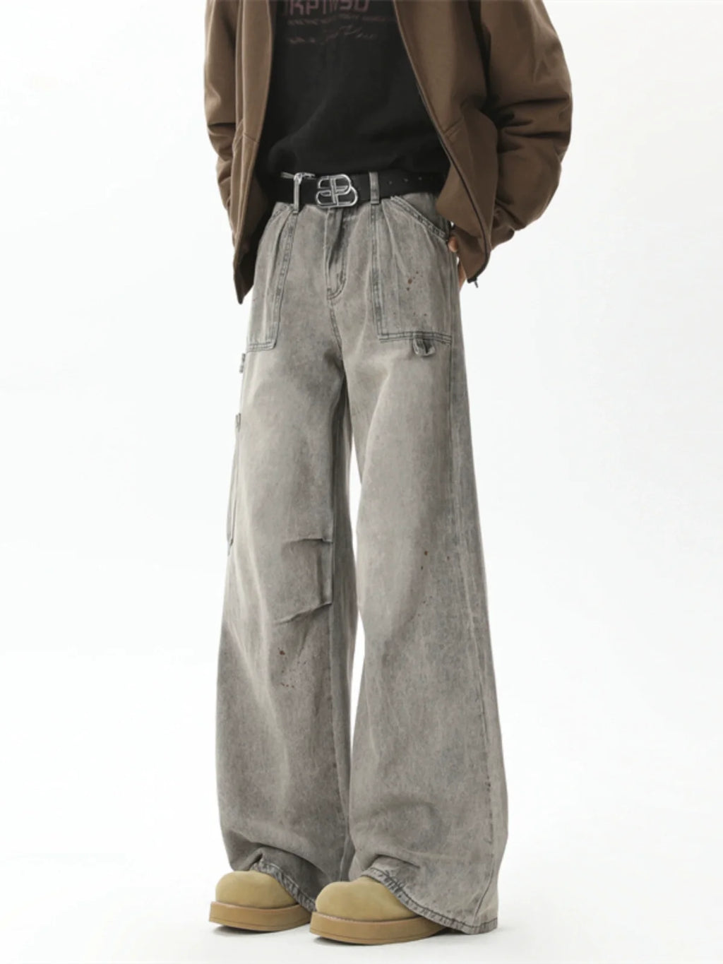 Wide Leg Washed Denim Cargo Pants