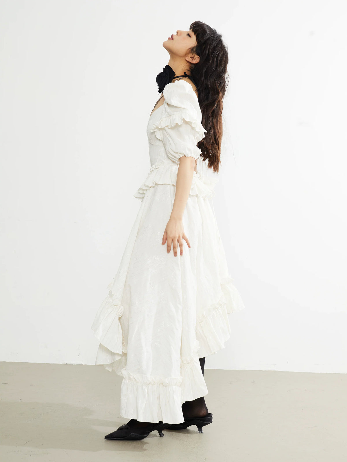 Ivory Ruffle Asymmetry Midi Dress