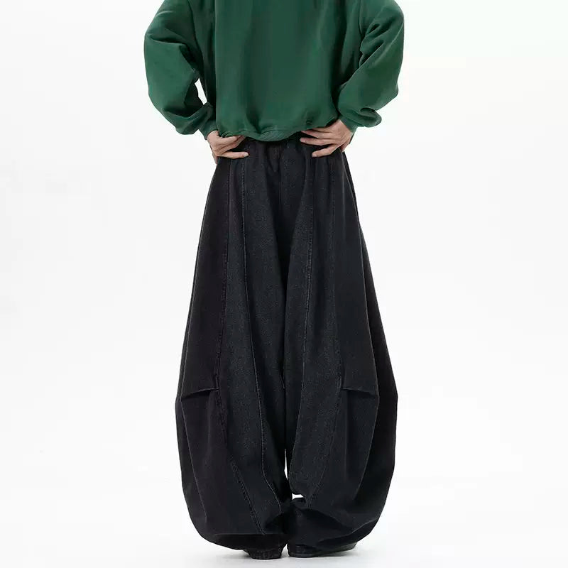 Plaid-Tie Barrel Denim Pants