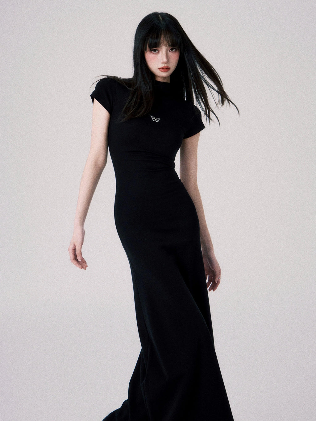 Butterfly Emblem Fitted Maxi Dress - Women'S Elegant Evening Gown