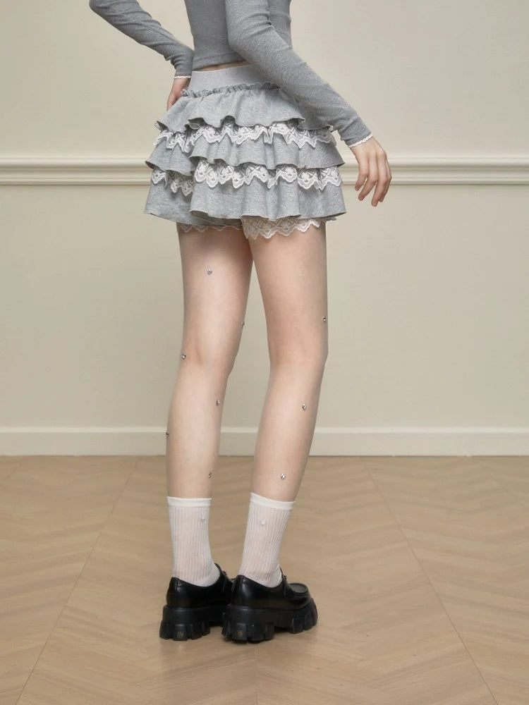Lace Trim Tiered Ruffle Skort