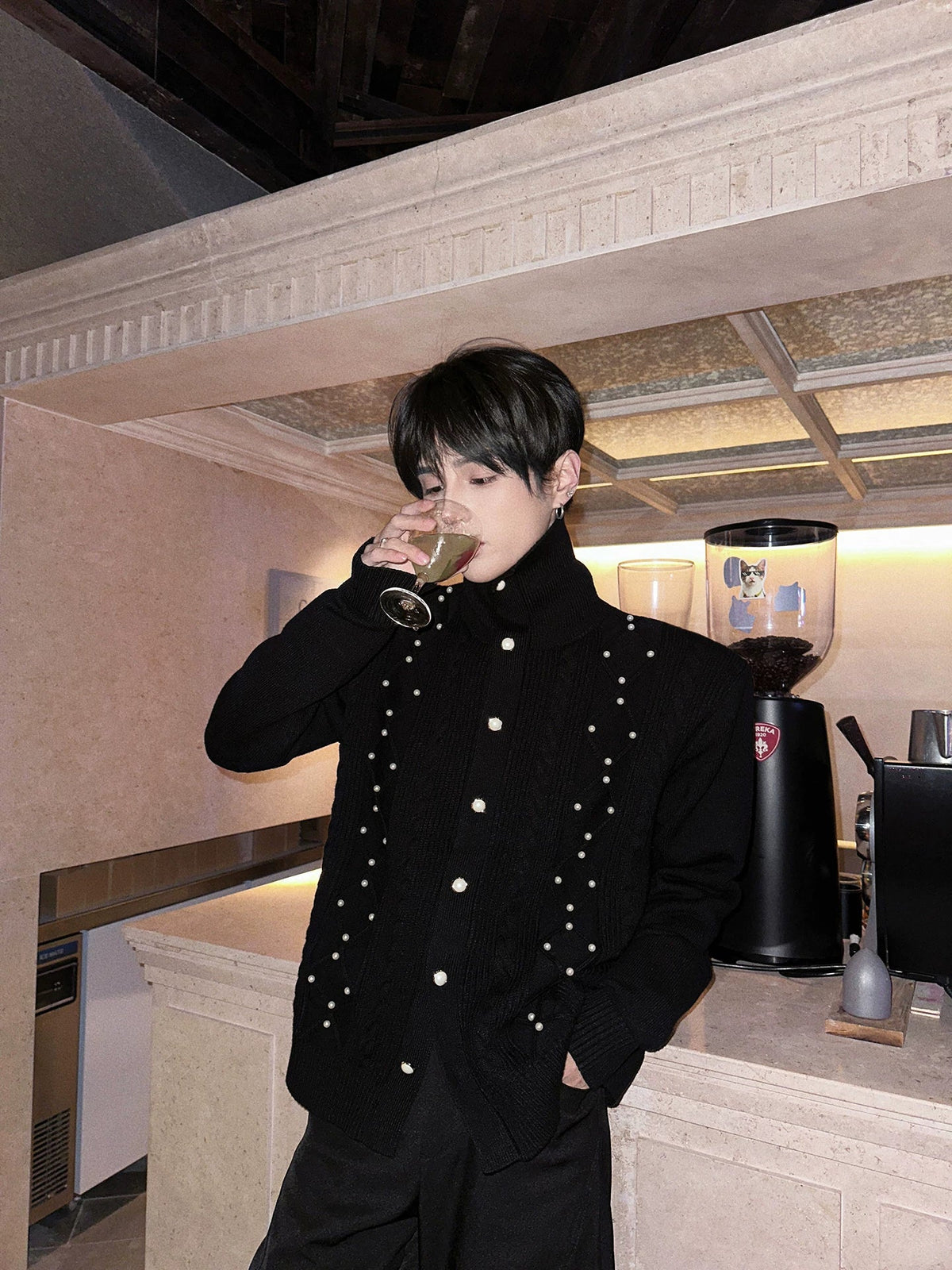 Lattice Snap-Spire Turtleneck Cardigan