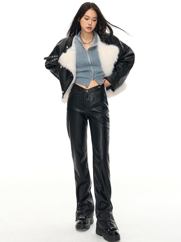 Oversized Faux Leather Jacket with Faux Fur Collar - Sustainable Vegan Outerwear