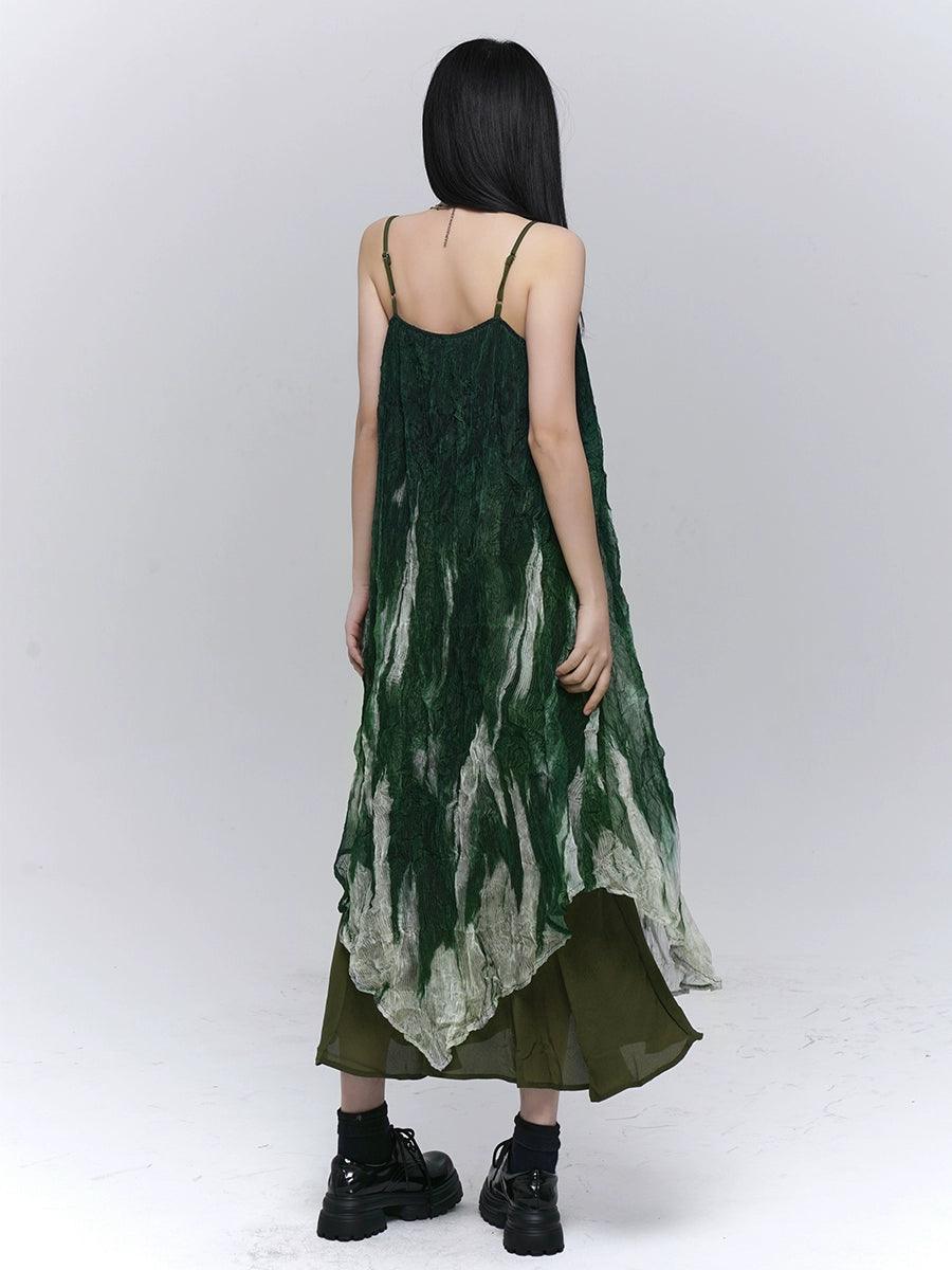 Forest Sprite Layered Maxi Dress - Women'S Green Ombre Tie-Dye Slip Dress With Asymmetrical Hem