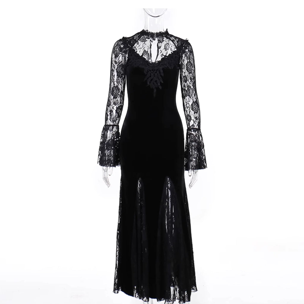 Gothic Velvet Mermaid Gown-Long Sleeve Lace Floor-Length Dress With High Collar