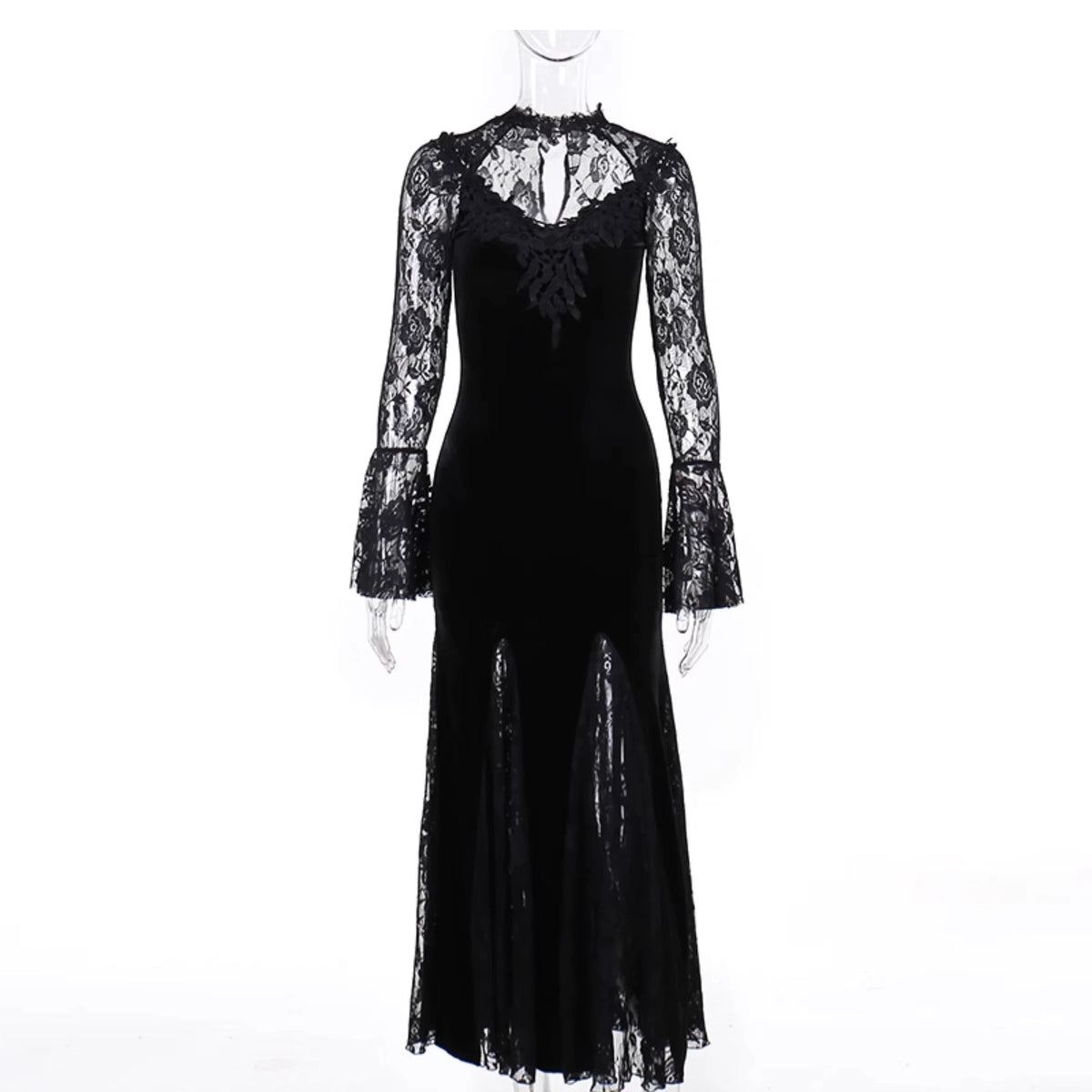 Gothic Velvet Mermaid Gown-Long Sleeve Lace Floor-Length Dress With High Collar