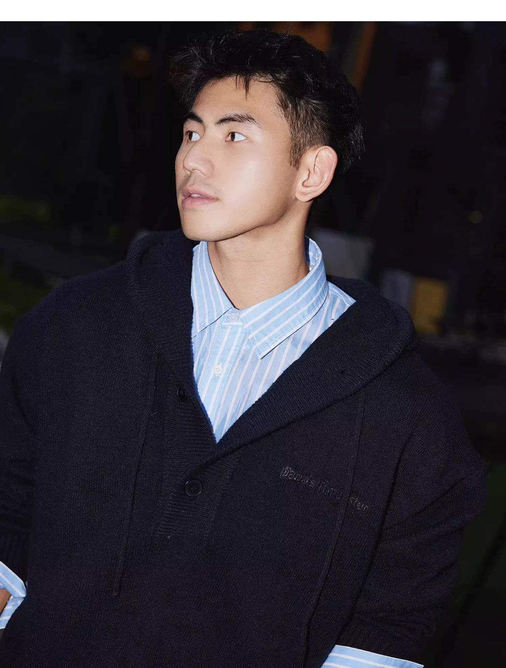 Blue Knit Hooded Henley Sweater