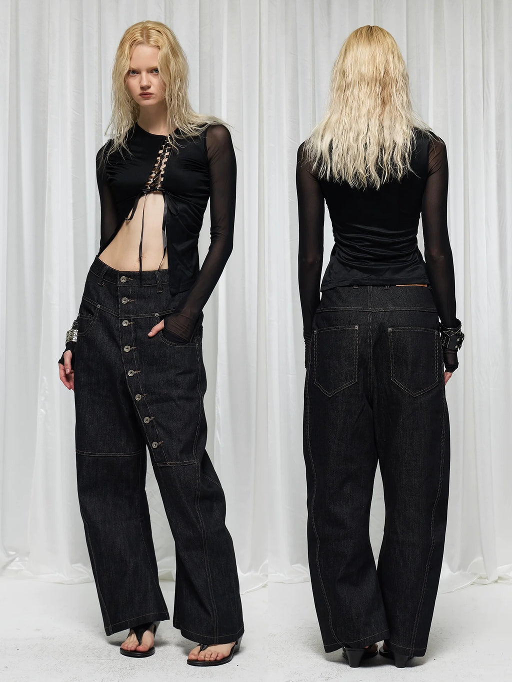 Asymmetric Button Wide-Leg Jeans