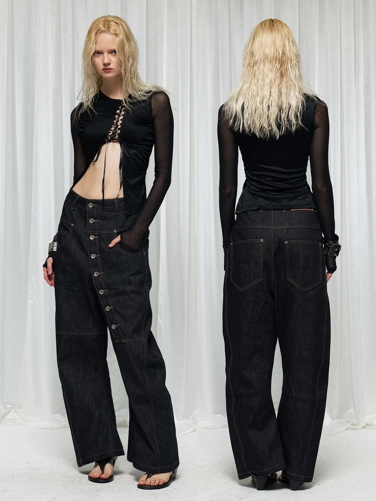 Asymmetric Button Wide-Leg Jeans