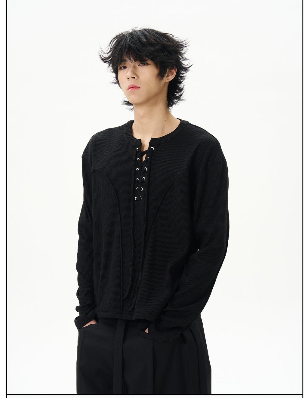 White Linen Lace-Up Henley Shirt
