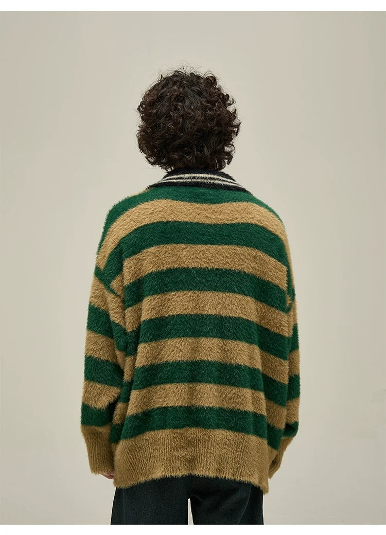 Fuzzy Striped Rugby Collar Sweater