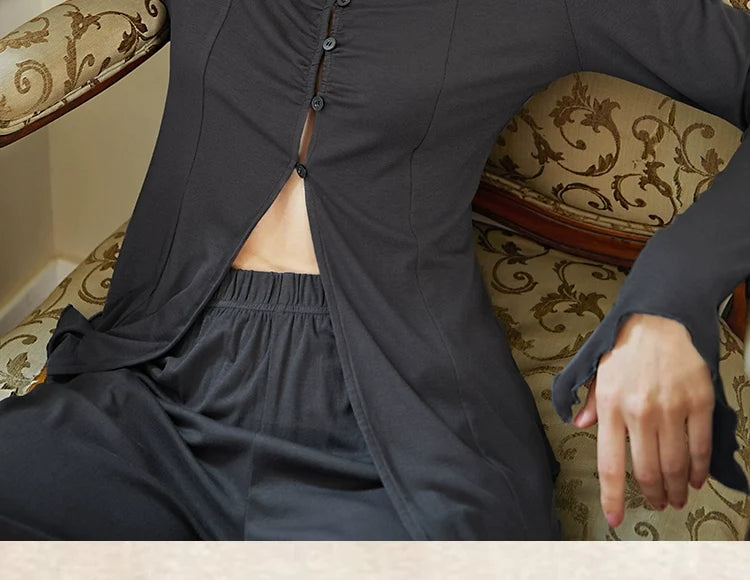 Charcoal Grey Button-Up Long Sleeve Wide Leg Jumpsuit