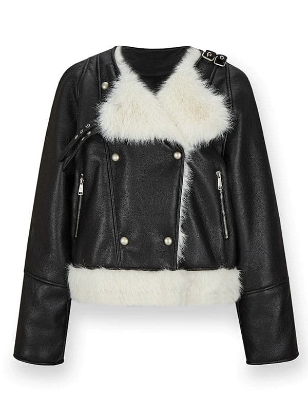 Oversized Faux Leather Jacket with Faux Fur Collar - Sustainable Vegan Outerwear