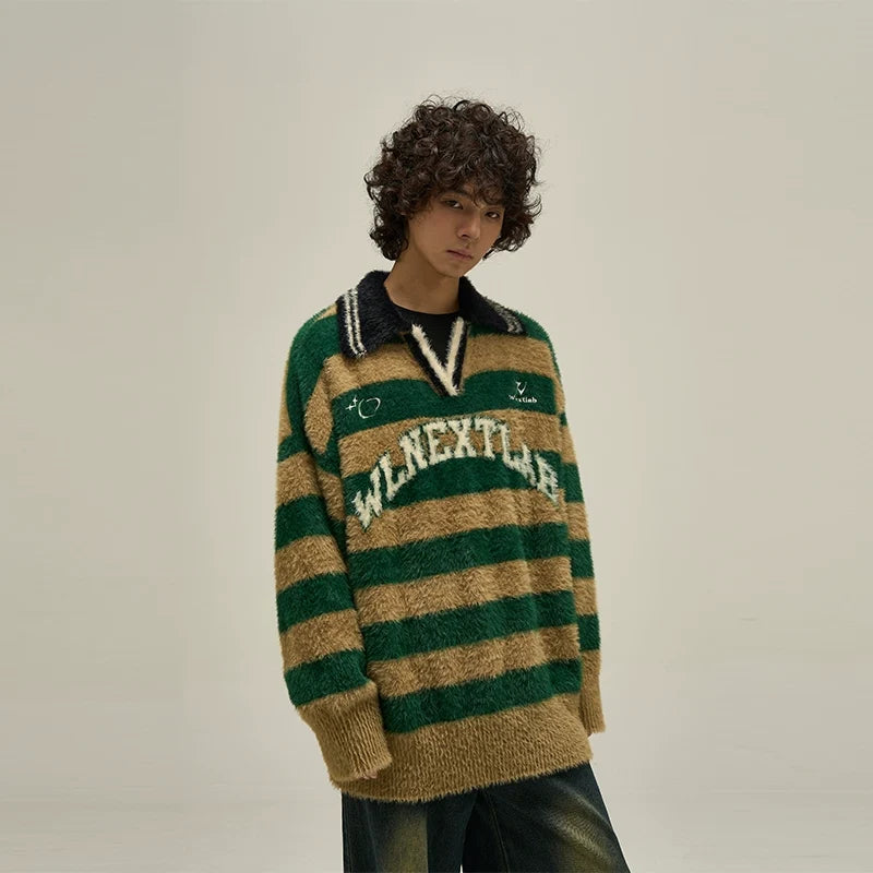 Fuzzy Striped Rugby Collar Sweater