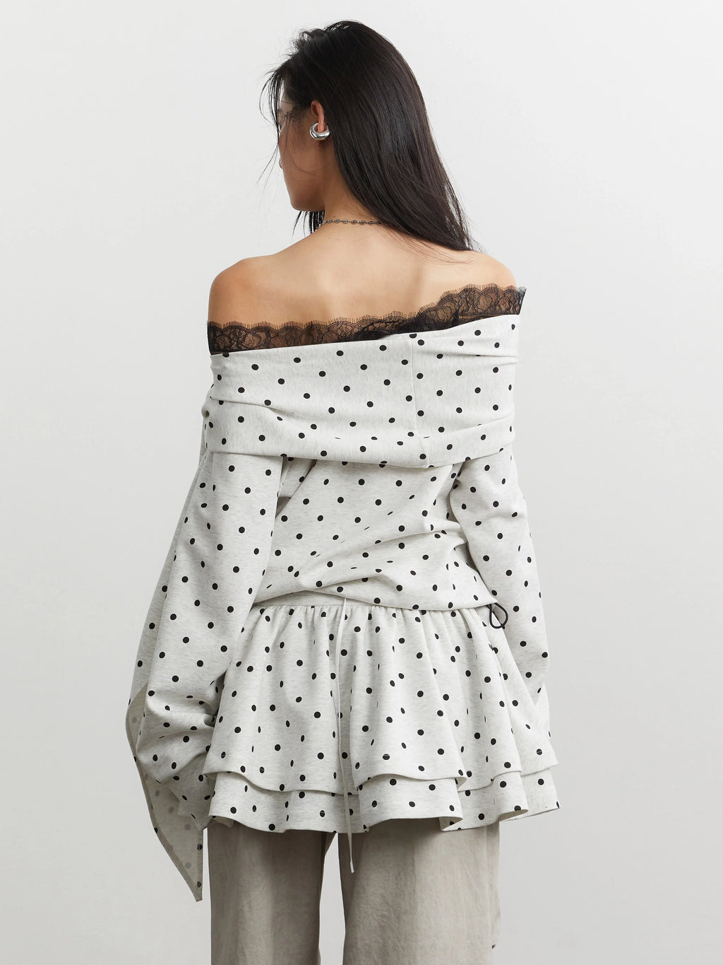 Polka Lace Off-Shoulder Peplum Top and Skirt Setup