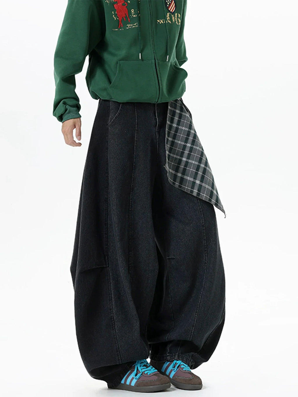Plaid-Tie Barrel Denim Pants