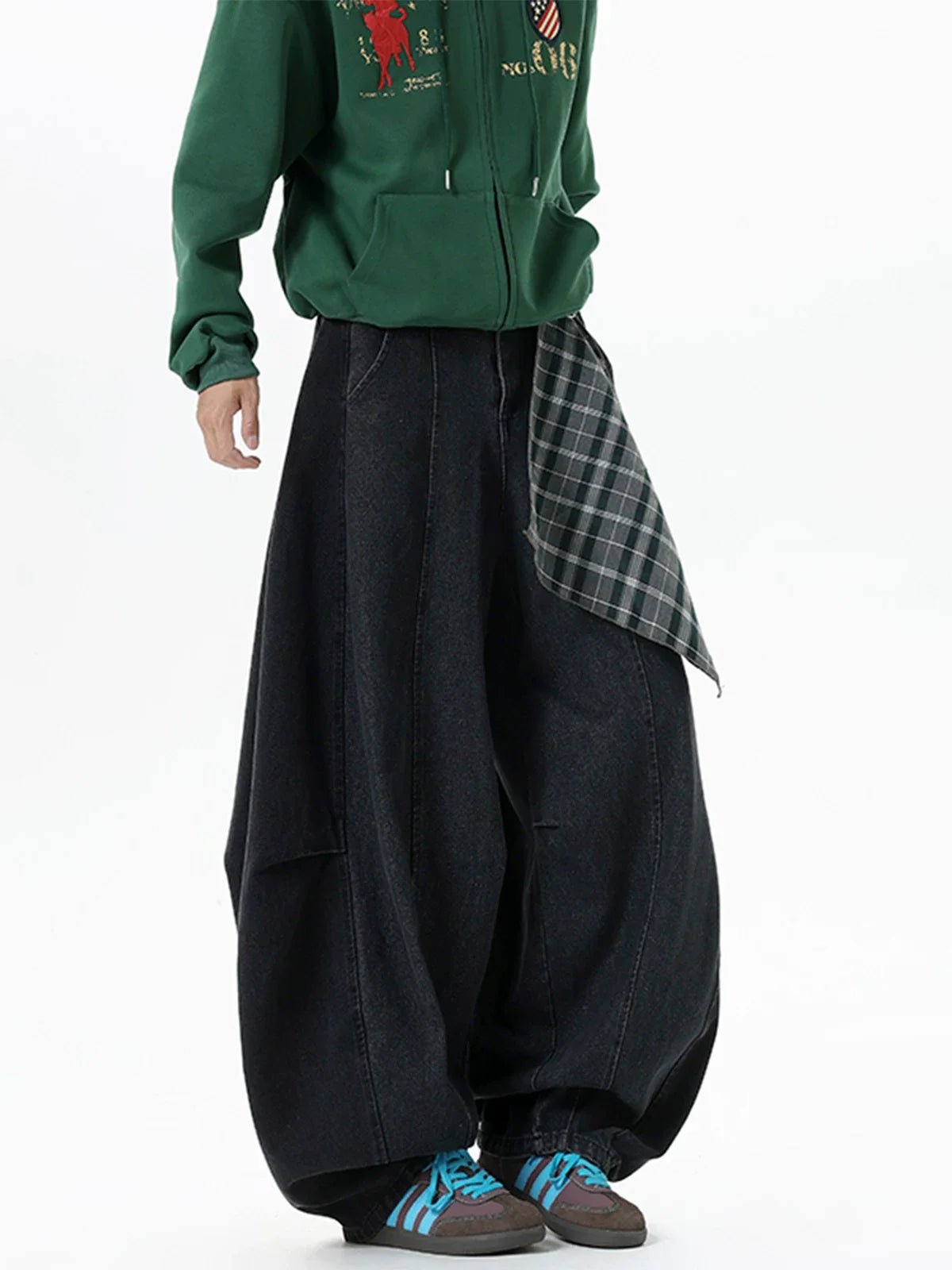Plaid-Tie Barrel Denim Pants
