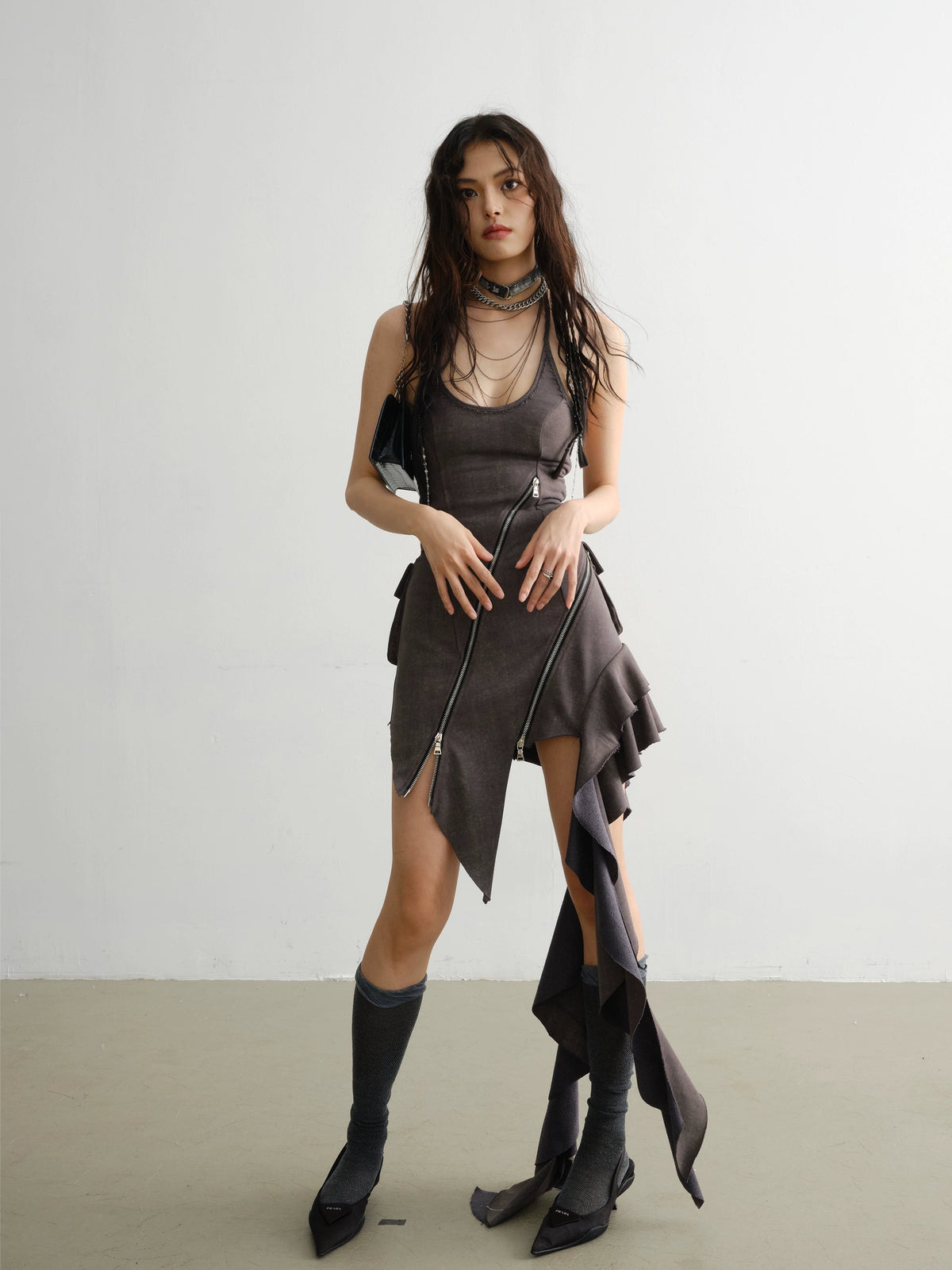 Elegant Ruffled Suspender Dress With Unique Zipper Detail