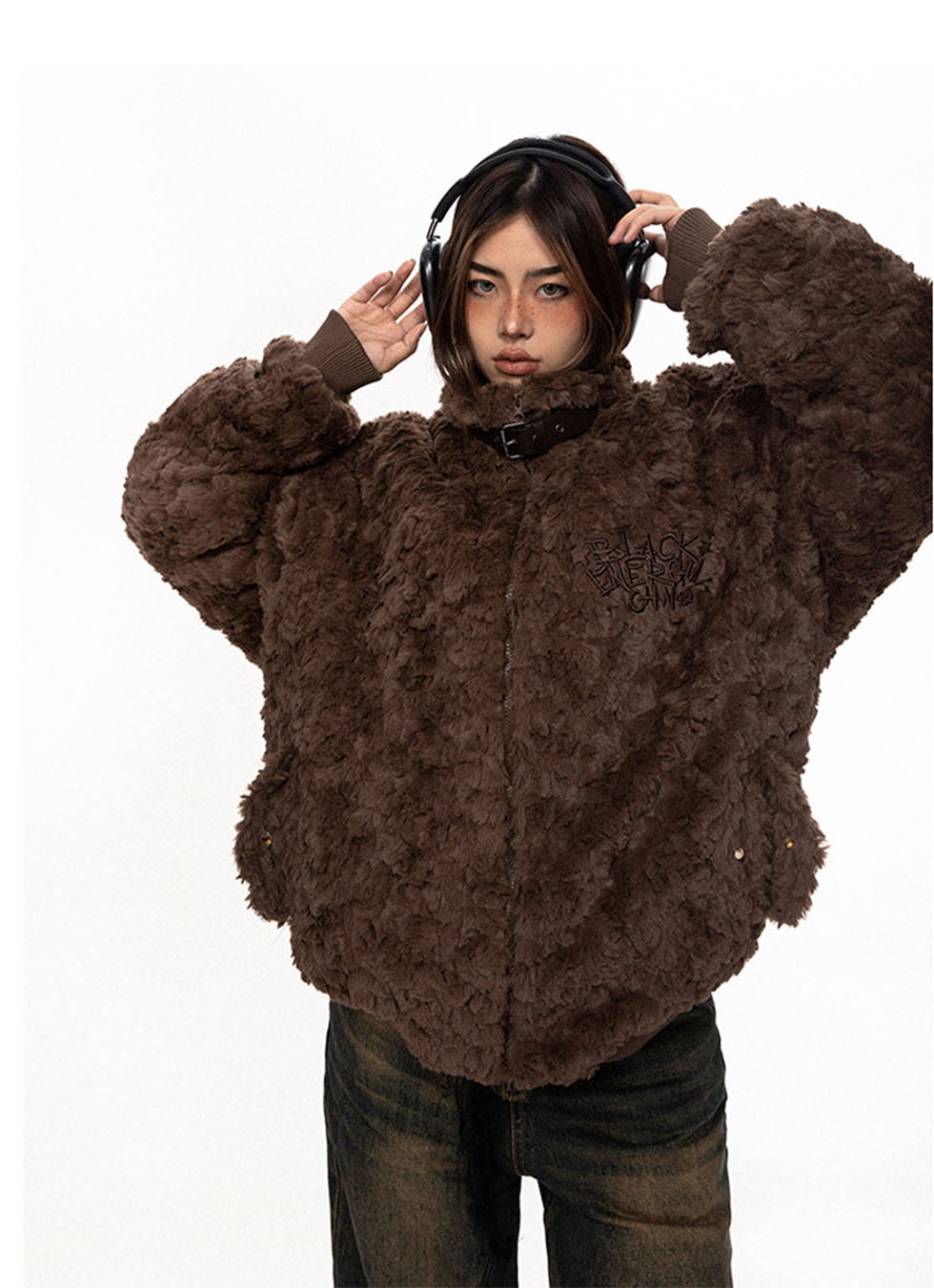 Brown Textured Fleece Buckle Coat