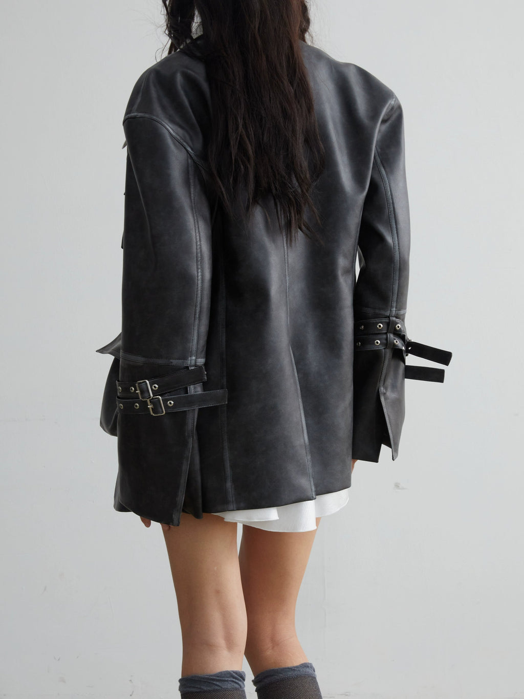 Vintage Pu Leather 3D Pocket No-Collar Jacket