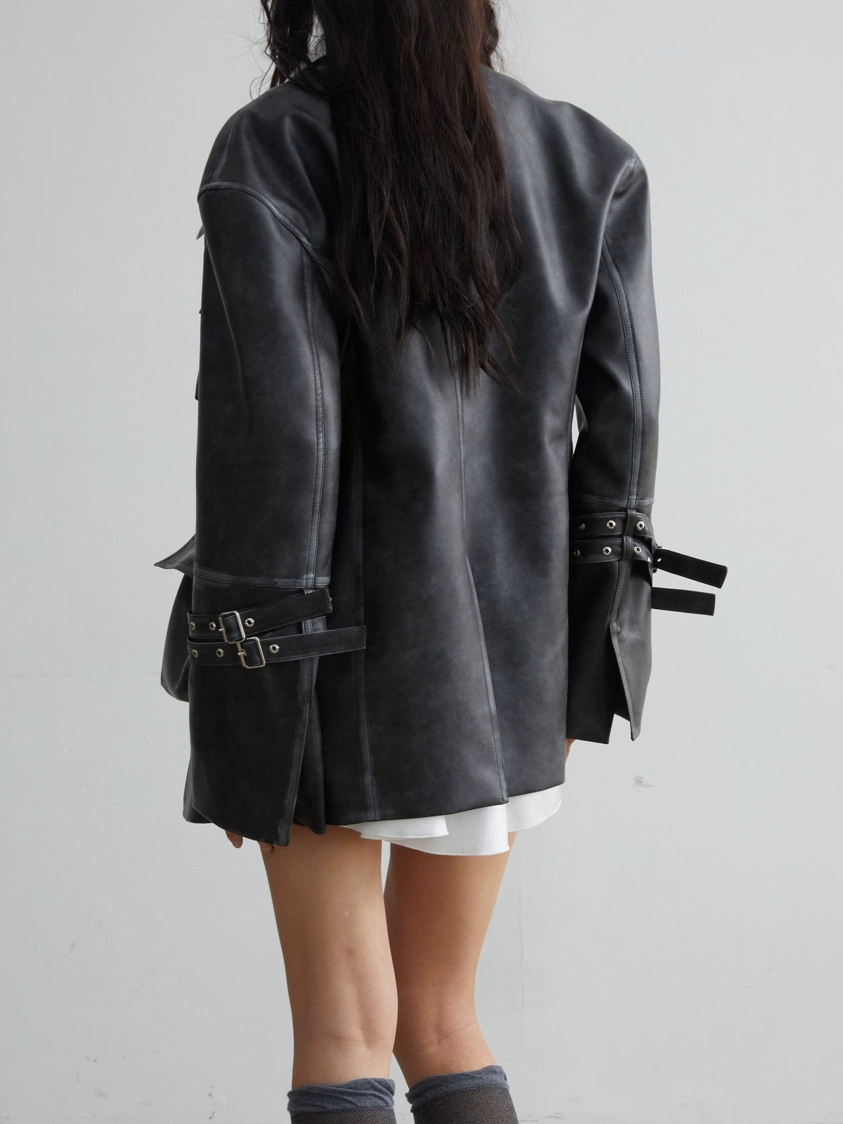 Vintage Pu Leather 3D Pocket No-Collar Jacket