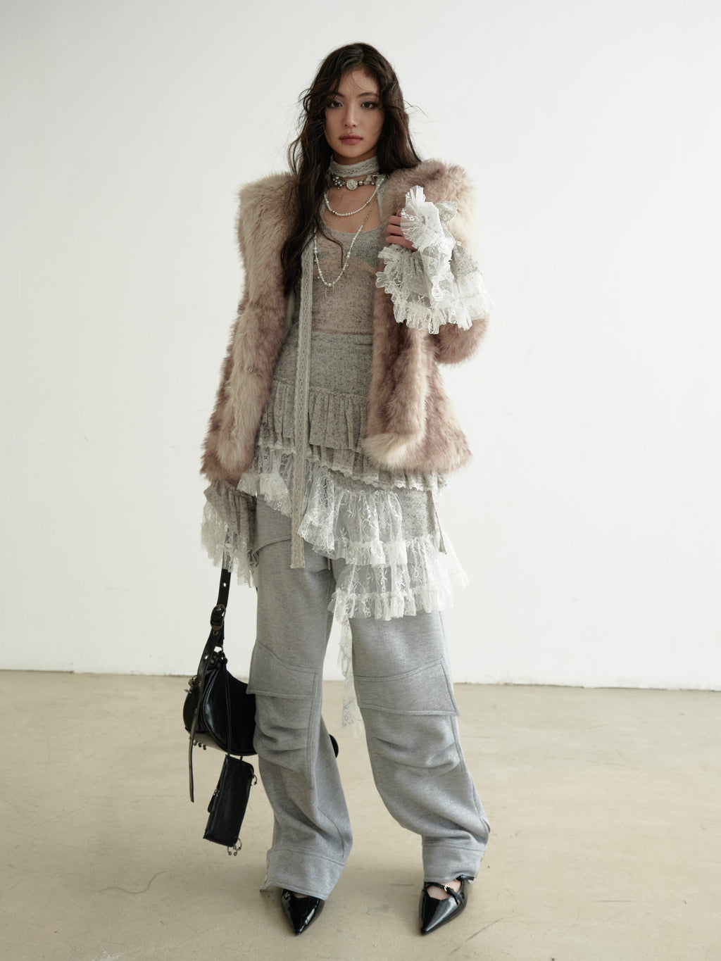 Ethereal Sheer Lace-Panel Asymmetrical Knit Dress