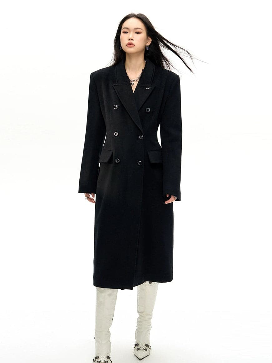 Double-Breasted Wool Long Coat - Slim Waist Tailored Winter Outerwear