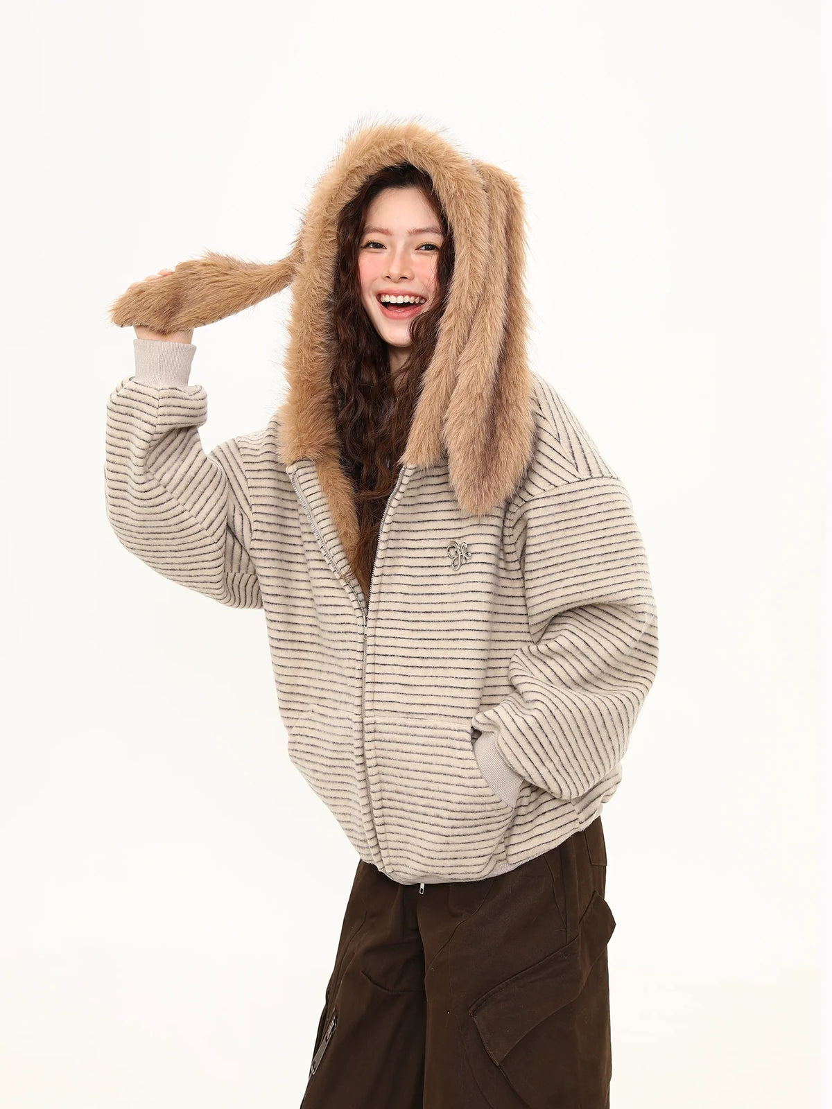 Fluffy Bunny-Ear Striped Hoodie