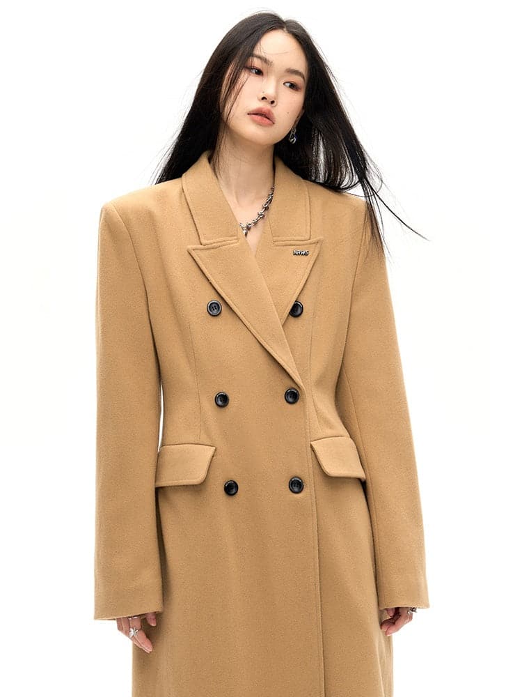 Double-Breasted Wool Long Coat - Slim Waist Tailored Winter Outerwear