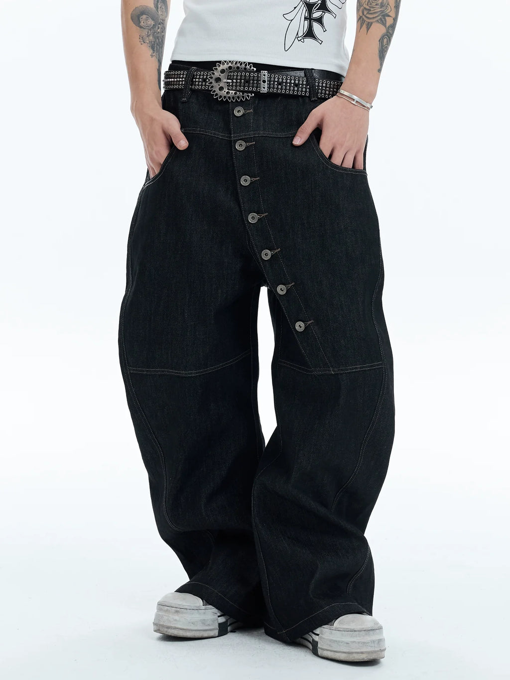 Asymmetric Button Wide-Leg Jeans
