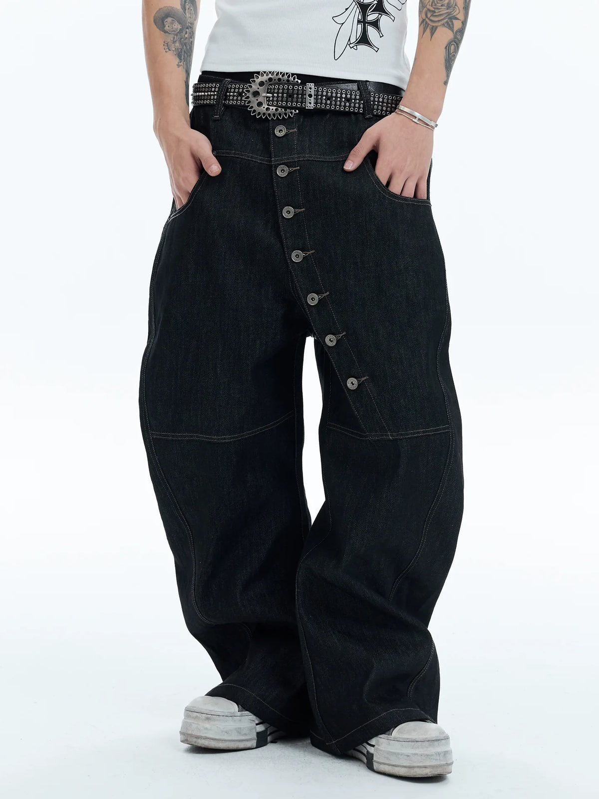 Asymmetric Button Wide-Leg Jeans