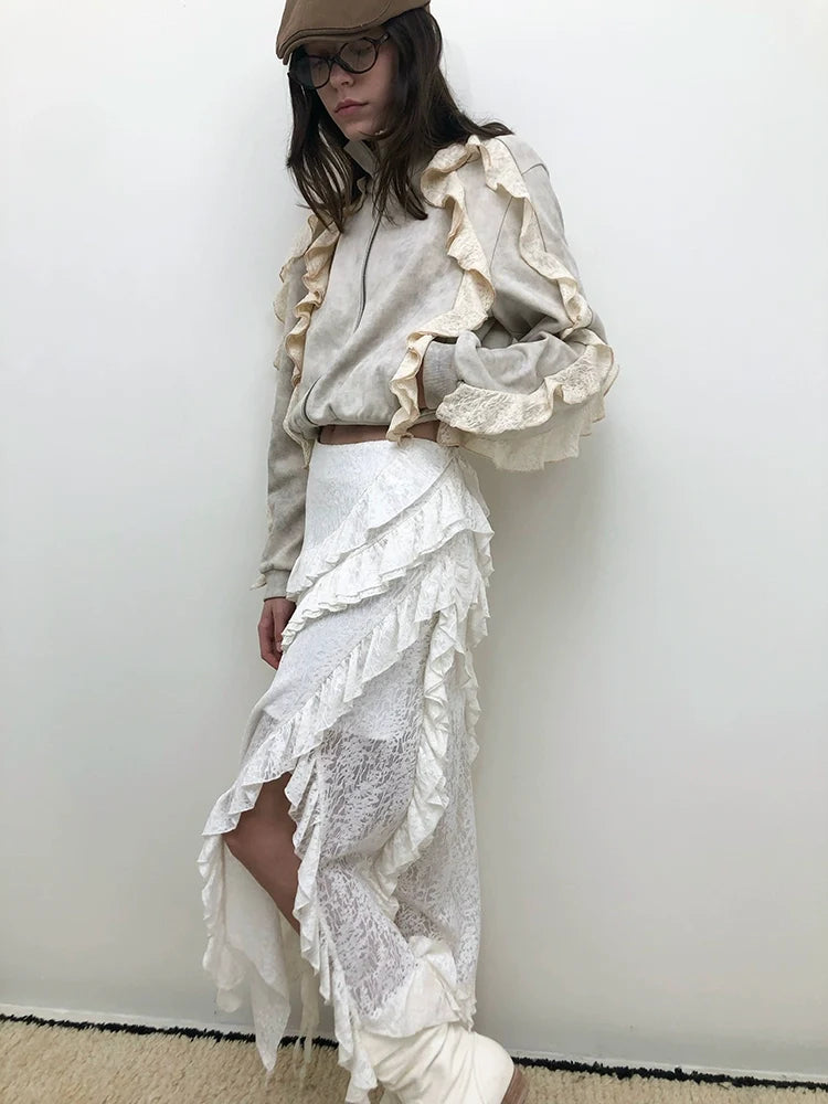 Ruffled Layer Asymmetrical Midi Skirt
