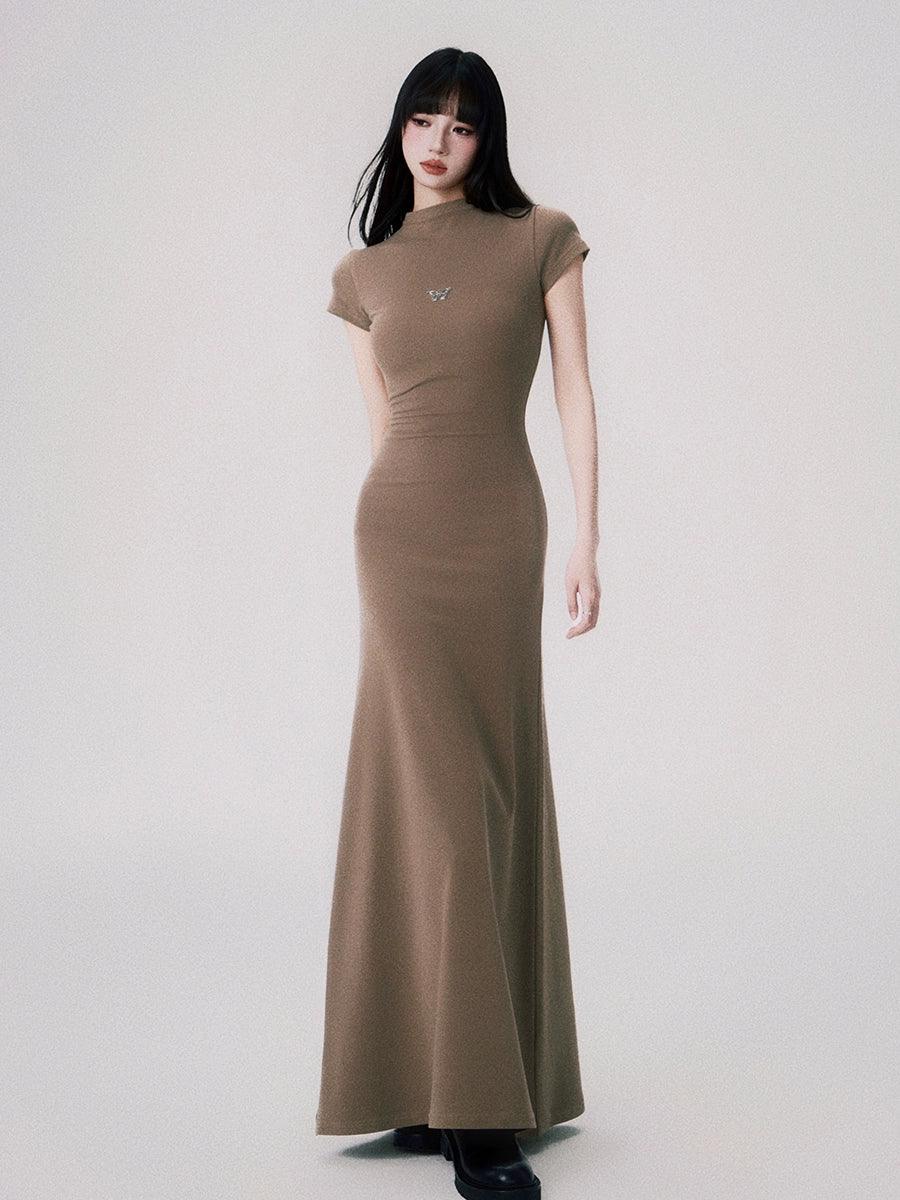 Butterfly Emblem Fitted Maxi Dress - Women'S Elegant Evening Gown