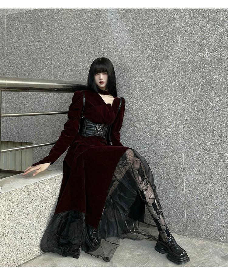 Burgundy Velvet Gothic Maxi Dress