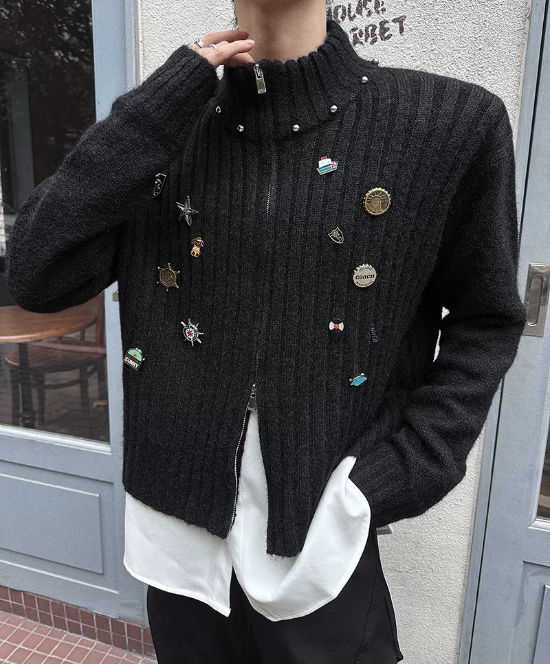 Pinfall Monogram Ribbed Zip Cardigan